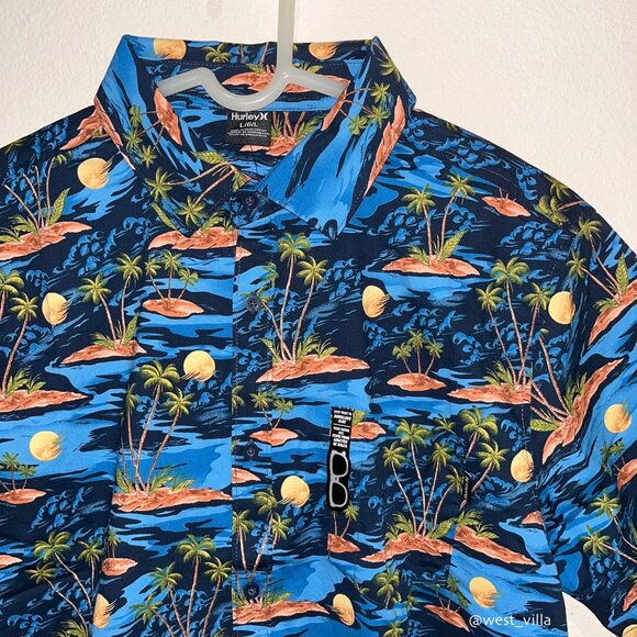 Hurley Hawaiian Sunset Lennox Woven Button Up Stretch Short Sleeve Shirt Blue - Picture 3 of 3